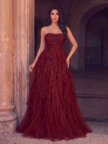 Fashion Strapless Formal Gown, Ruched Mesh Bodice, Long Flowing Skirt, Suitable For Special Occasions - Red - View 5
