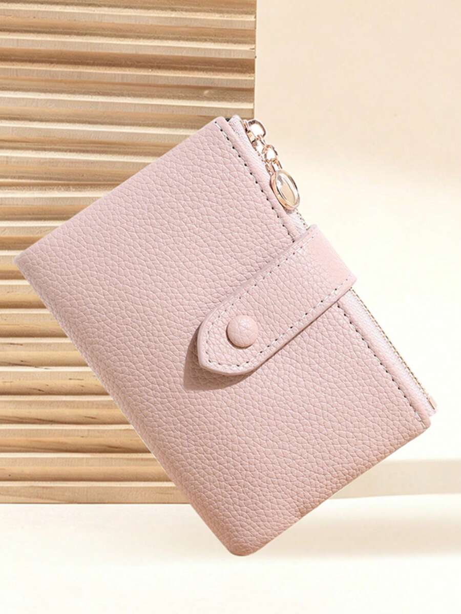New Women's Short Wallet, Lychee Texture, Snap Flap, Side Zipper Coin Pocket, Multi-Card Slot Large Capacity, Portable Compact, Fashionable Versatile Women's Purse Card Holder