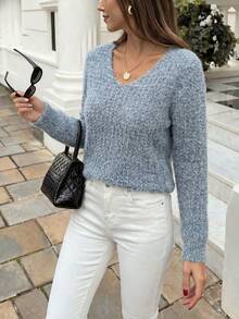 1pc Women's Open Shoulder Sweater, Fashion Loose V-Neck Soft Knit Pullover Top, Versatile & Gentle Casual Fall - Baby Blue - View 9