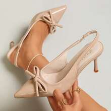 Women's Solid Color Glossy Pointed Toe Bow Decor Slingback High Heels, 8CM Stiletto, Elegant Dress Pumps For Wedding Party Daily Commute - Apricot - View 9