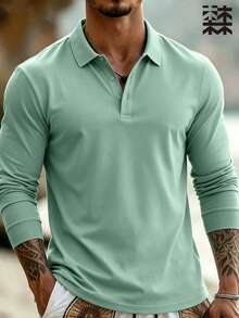 mulinsen Men's Solid Color Long Sleeve Polo Shirt, Casual Loose Fit Stretch Top, Simple Versatile Everyday Wear For Autumn/Winter - Green - View 5