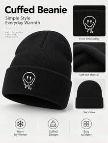 1pc Fashion Couple Melting Dripping Smiling Face Embroidered Knit Hat, Soft Rolled Edge Winter Skull Cap, Stretchy Comfortable Warm Street Style Beanie, Suitable For Autumn/Winter Daily Wear And Outdoor Warmth - Melting Drip  Face Style - View 7