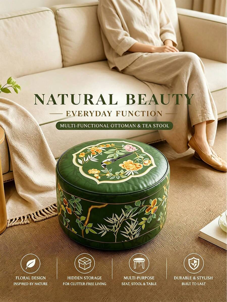 1件 30L大容量收納凳（不含填充物）防水PU皮革材質，綠色花鳥風景圖案，圓筒加厚軟墊隱藏式衣物與玩具收納，為居家空間提供舒適體驗，適用於客廳、臥室與玄關，單件日常使用，2件組全屋適用，裝飾性節日禮物，1件/2件可選，可作為舒適臥室椅與客廳腳凳，居家收納整理好幫手