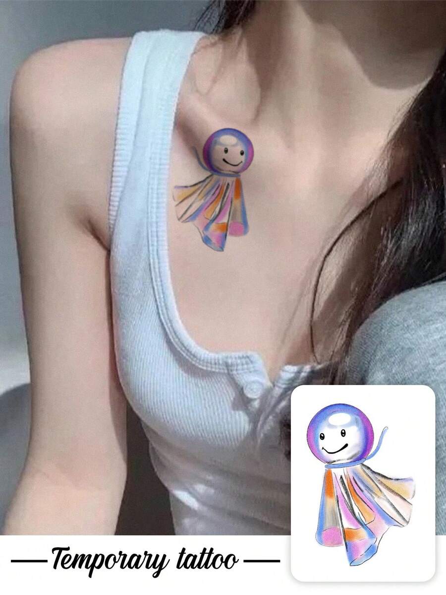 1pc Temporary Tattoo Sticker, Hand Drawn Colorful Rainbow Teru Teru Bozu Pattern, Realistic Fake Tattoo Design, For Daily Wear, Bachelorette Party Favors, Music Festival, Game, Graduation Gift, Lasts 3‑5 Days - Multicolor - View 1