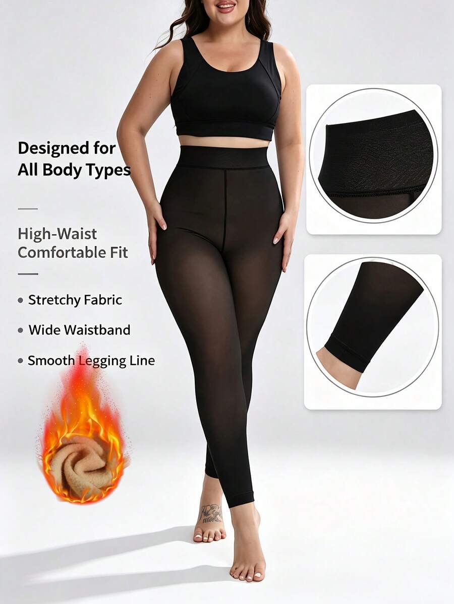 Women Plus Size Warm Ankle Length Leggings, Fleece Lined Thickened Tights, High Waist Elastic Semi-Sheer Skinny Pants, Comfortable Autumn Winter Base Layer Yoga Leggings, Perfect Match With Skirts And Boots - Black - View 1