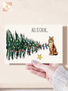 1pc Hilarious Cat Christmas Greeting Card, "All Is Calm" Funny Xmas Card With Mischievous Orange Cat Tangling Christmas Lights, Cute Holiday Stationery, Perfect Gift For Cat Lovers, Blank Inside For Writing Warm Christmas Wishes - One Size Fits All - View 5