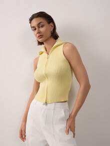 Women's Minimalist Butter Yellow Solid Color Zip-Up Collared Sleeveless Ribbed Knit Top Summer - Yellow - View 4