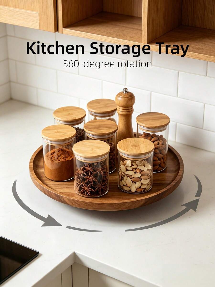 1pc Rotating Storage Tray, Slouchy Susan, Wooden Tray, Kitchen Storage, Kitchen Condiment Organizer, Rotating Tray Spice Rack, Can Be Used As Kitchen Storage Tray, Kitchen Storage Supplies, Also Can Be Used As Serving Plate, Breakfast Tray, Serving Tray, Rotating Cake Stand, Multi-Functional Tray, Suitable For Bathroom, Vanity, Coffee Bar, Decorative Tray, Kitchen Decor And Accessories, 360 Degree Rotating Storage Space, - Camel - View 1