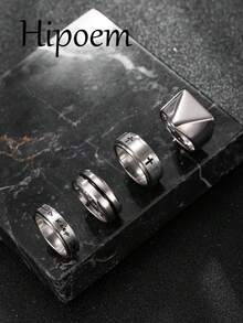 Hipoem 4pcs Fashion Stainless Steel Men's Ring Set With Cross And Triangle Cast Elements, Suitable For Daily Wear, Halloween Party And Holiday Accessories - Silver - View 7
