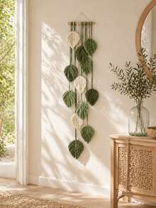 2pcs(A+B) Boho Green Leaf Woven Wall Hanging, Handmade Botanical Tassel Decor, Soft Green Ivory Spring Easter Accent For Living Room Bedroom Dorm Apartments - Multicolor - View 4