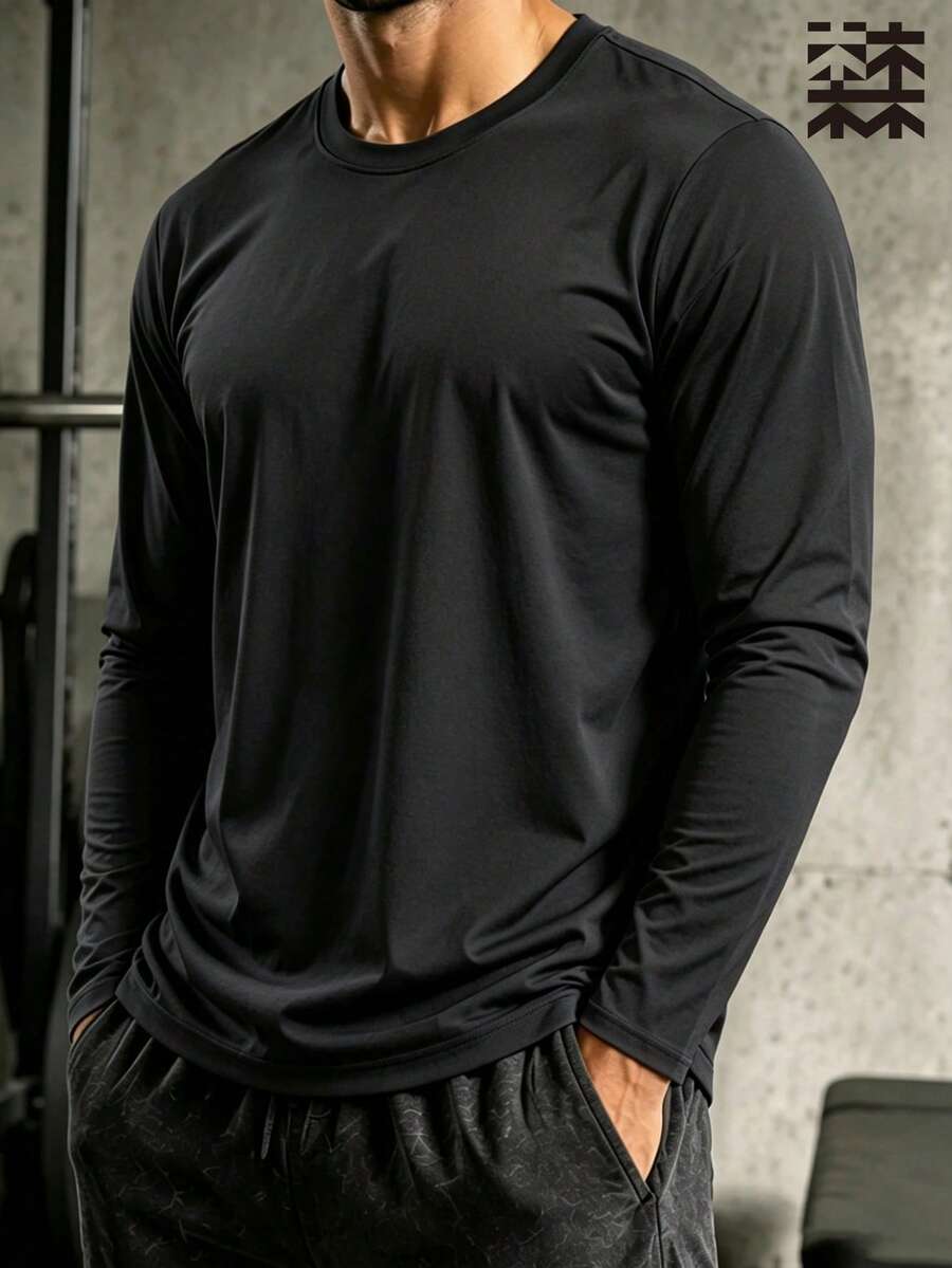 mulinsen Men's Solid Color Crew Neck Long Sleeve T-Shirt, Elastic Slim Fit Fitness Base Layer, Spring/Autumn Sports Top - Black - View 1