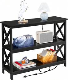 Mesa de entrada con estantes de almacenamiento, mesa de consola con tomas de corriente y puertos USB, mesas estrechas de madera con diseño en forma de X para sala de estar, pasillo, sofá - Negro - - Ver 1