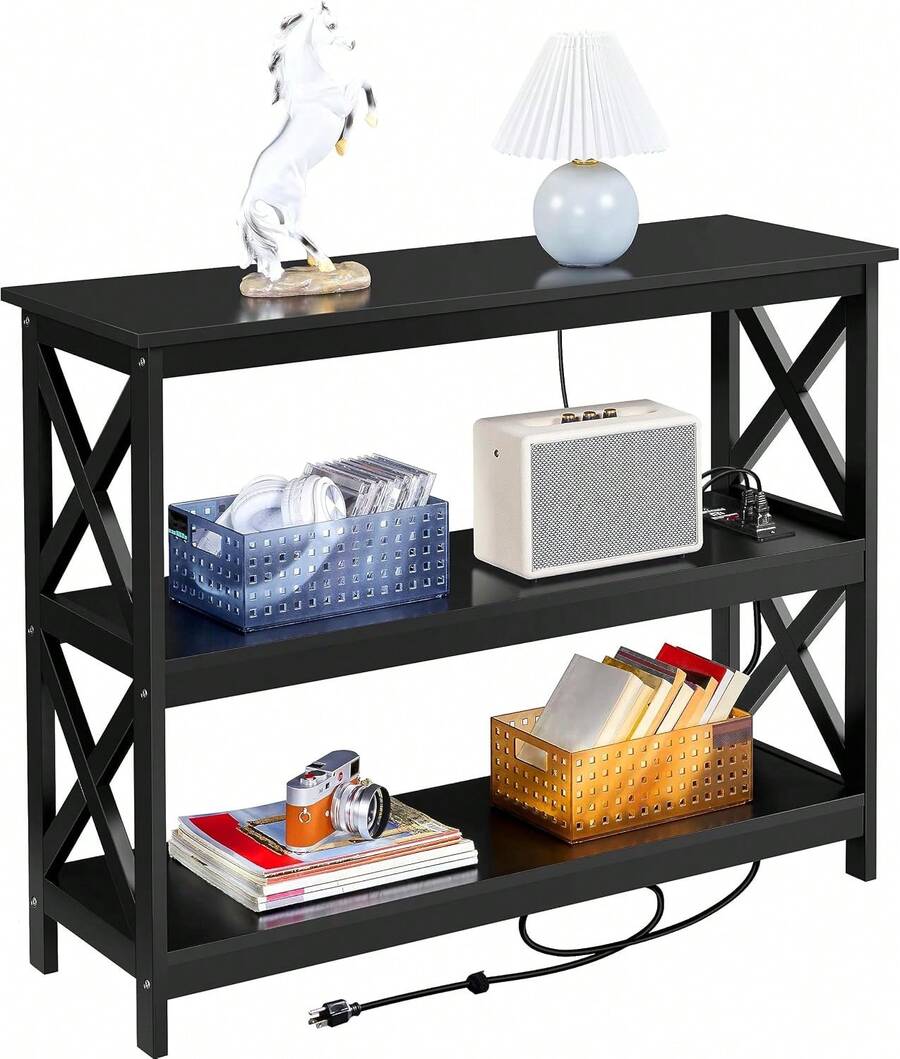 Mesa de entrada con estantes de almacenamiento, mesa de consola con tomas de corriente y puertos USB, mesas estrechas de madera con diseño en forma de X para sala de estar, pasillo, sofá - Negro - - Ver 1