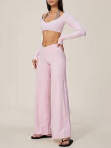 TimeOff Women's One Set Autumn/Winter Colorblock Halter V-Neck 2 In 1 Long Sleeve Cropped Top & Cross V-Waist Wide Leg Pants Yoga Set - Pink - View 7
