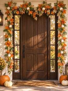 Autumn Maple Leaf & Pumpkin Dual-Color Artificial Vine Wreath (2pcs Set), Orange & Yellow Maple Leaves And Pumpkins Intertwined, Recapturing Deep Autumn Charm, Suitable For Thanksgiving, Halloween, Autumn Party And More Occasions - Multicolor - View 4
