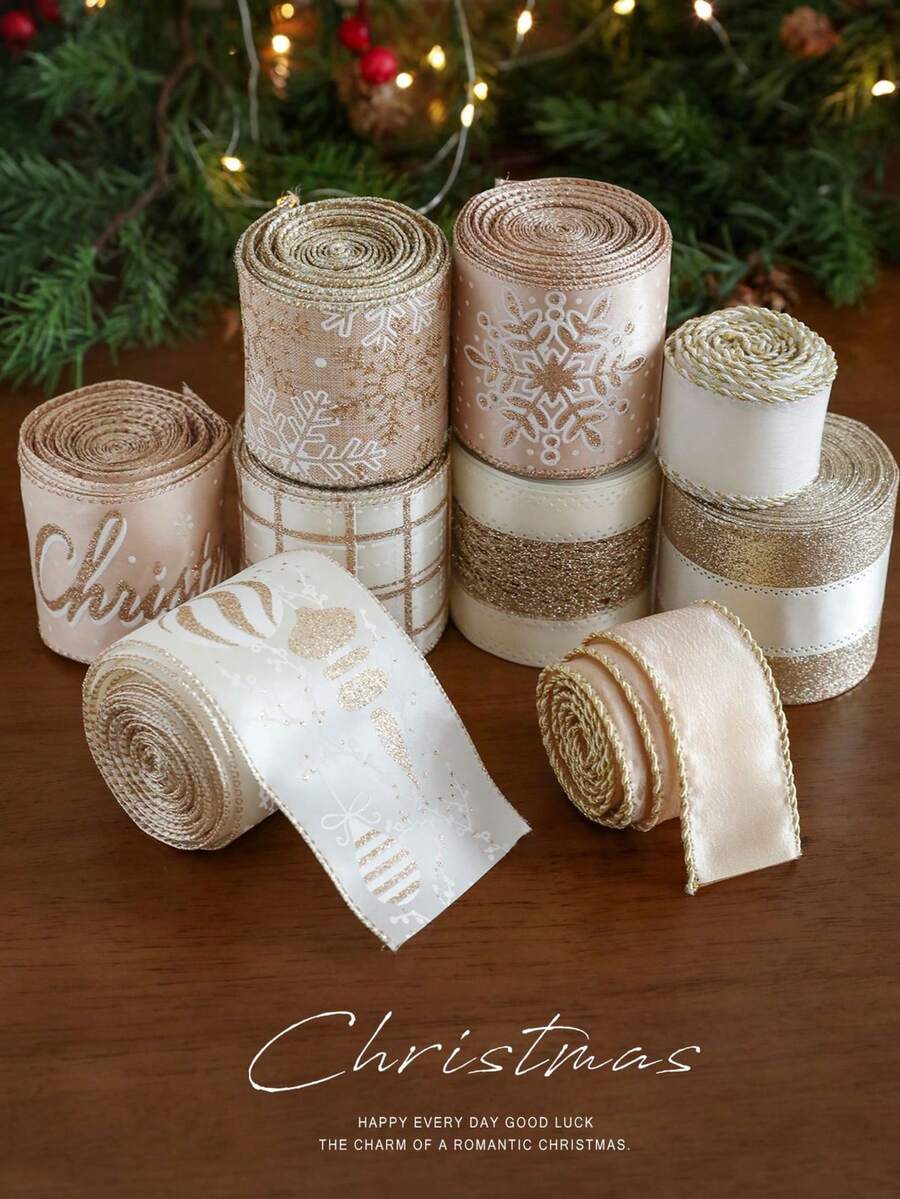 1pc Champagne Christmas Ribbon Gift Box Bowknot Binding Strap Satin Ribbon Christmas Decoration Supplies - Multicolor - View 1