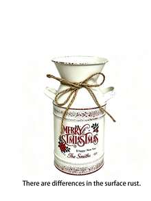 Christmas Vintage Metal Can Vase, Distressed Galvanized Flower Bucket With Rope Handle, Merry Christmas Printed Decorative Water Pitcher, Rustic Farmhouse Style Tabletop Centerpiece, Christmas Floral Arrangement Container, Home Decor - A - View 10