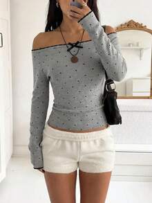 Polka Dot Print Off-Shoulder Bow Decor Knitted Top - Grey - View 1