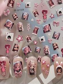 1pc 5D Embossed Nail Art Sticker, Cute Blythe Doll Character, Pink Plaid Bow, Star And Rabbit Hat Design, Self-Adhesive Nail Decal, Y2K Cute Style Autumn DIY Nail Decoration, Suitable For Girls Party And Daily Nail Decoration - Multicolor - View 1