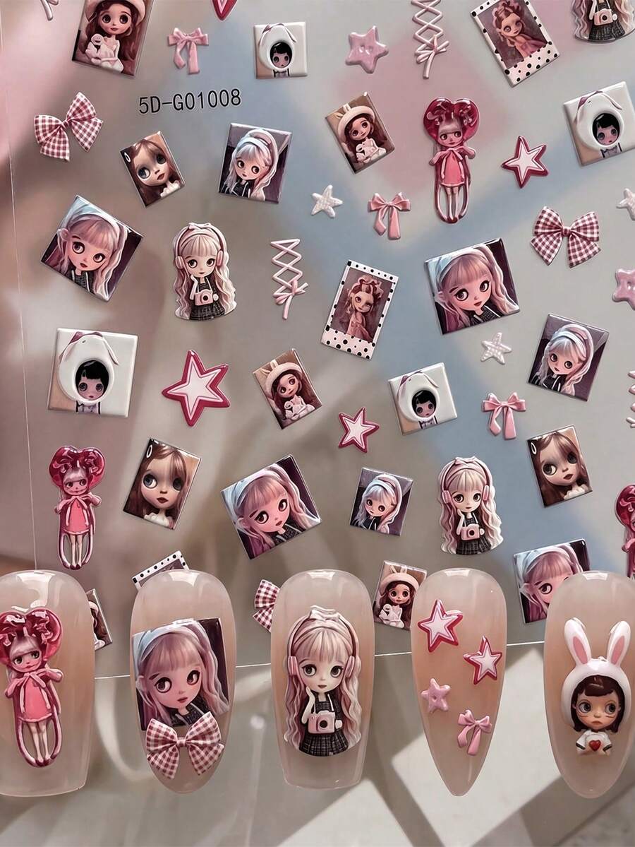 1pc 5D Embossed Nail Art Sticker, Cute Blythe Doll Character, Pink Plaid Bow, Star And Rabbit Hat Design, Self-Adhesive Nail Decal, Y2K Cute Style Autumn DIY Nail Decoration, Suitable For Girls Party And Daily Nail Decoration - Multicolor - View 1