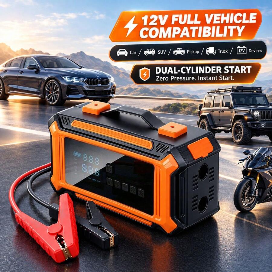 Alat Bantu Starter Mobil, Booster Aki Mobil 12V dengan Kompresor Udara 150PSI & Pompa Ban, Alat Bantu Starter Darurat Portabel dengan Layar Digital LCD, Lampu LED & Power Bank untuk Mobil, SUV, Truk & Sepeda Motor 14.8V 2500mAh