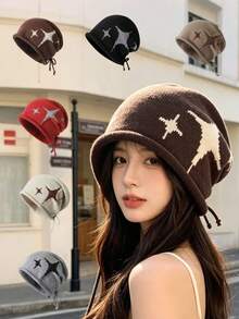1pc Unisex Star Jacquard Drawstring Beanie Hat, Knit Headwear With Ear Protection, Warm Casual Outdoor Daily Wear, Slouchy Style - Multicolor - View 2