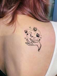 1pc Temporary Tattoo Sticker, Hand Holding Sun Moon Planets Universe Line Art Pattern, Realistic Fake Tattoo Design, For Daily Wear, Bachelorette Party Favors, Music Festival, Game, Graduation Gift, Lasts 3‑5 Days - Black - View 5