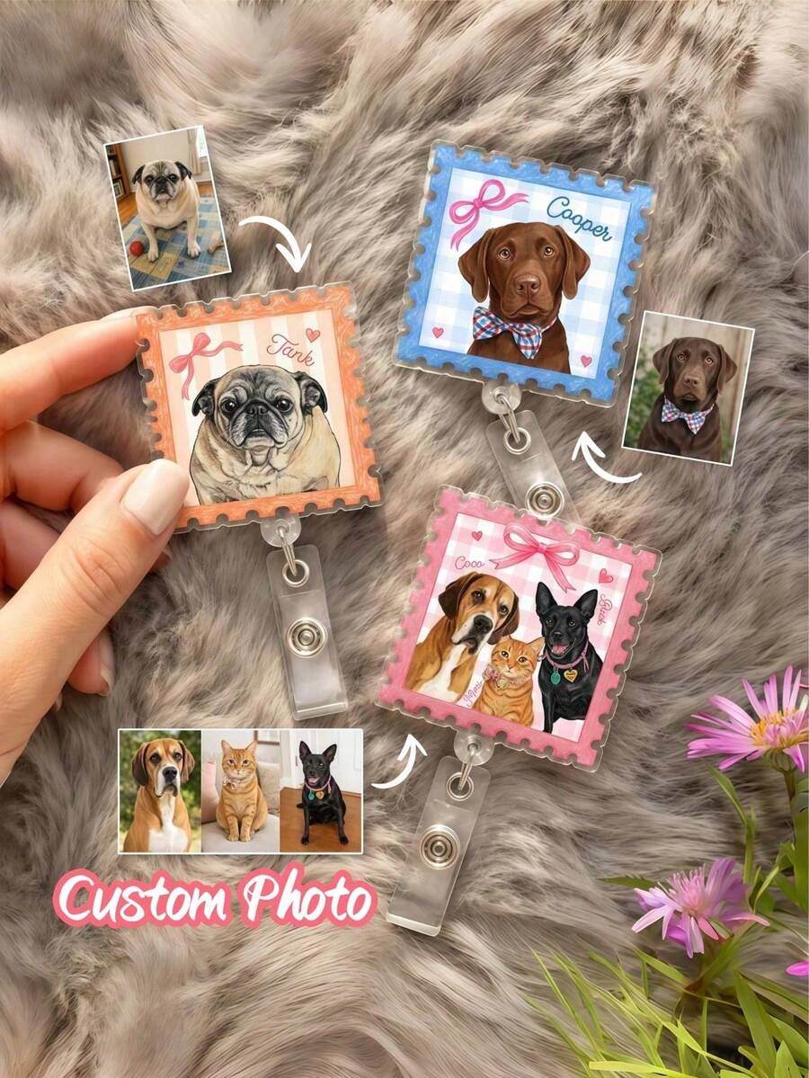 Personalized Pet Photo Bag Charm, Fan-Shaped Frame Bow Floral Plaid Backpack Accessory - Multicolor - View 1