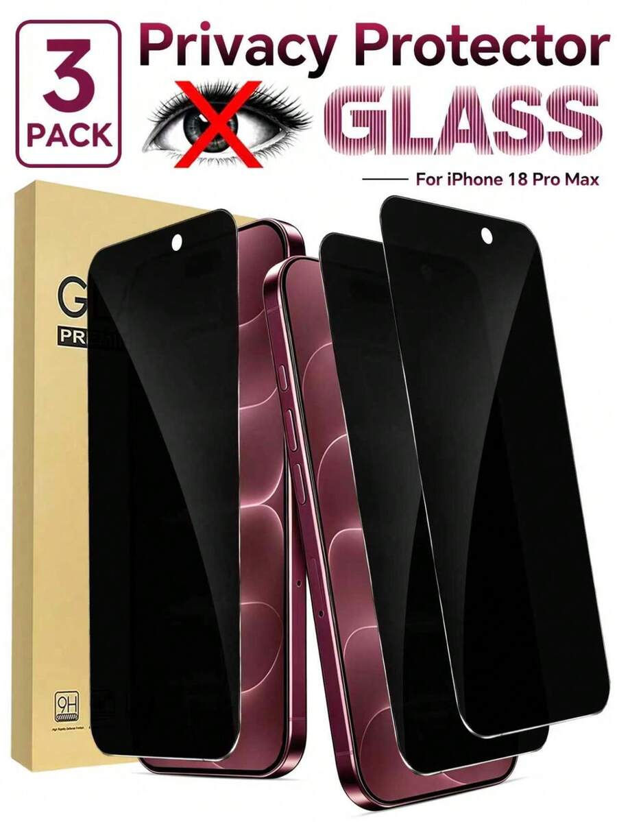 3 Packs [2026 New] 9H Tempered Glass Privacy Screen Protector Compatible With Iphone Duo/18 Pro Max/18 Pro/18/17e/17 Pro Max/17 Pro/17 Air/17/16 Pro Max/16 Pro/16 Plus/16/15 Pro Max/15 Pro/15 Plus/15/14 Pro Max/14 Pro/14 Plus/14/13/12/11, Full Coverage, Anti-Peeping, Anti-Scratch, Anti-Fingerprint, Bubble Free, Easy Install, Case Friendly - Black - View 1