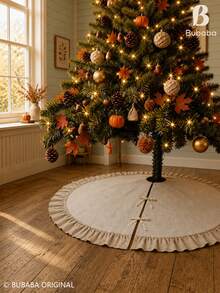 60cm/90cm Beige Farmhouse Style Christmas Tree Skirt With Ruffled Edge, Lace Bow Tree Collar Pad, Rustic Vintage Holiday Tree Base Decor Cover, Christmas Home Decoration - Apricot - View 2