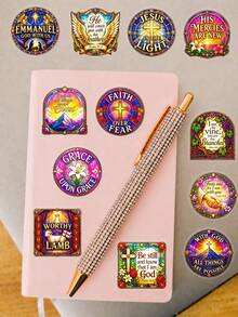 50Pcs Stained Glass Bible Verse Inspirational Stickers, Retro Stained Glass Religious Inspirational Style, Including Colorful Stained Glass, Bible Verses, Crosses, Hearts, Mountain Elements, For Journal Collage, Water Bottle, Tablet, DIY Craft Decor - Multicolor - View 7