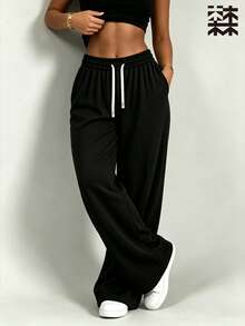 mulinsen Women's Sports Sweatpants, Vertical Textured Drawstring Loose Fit, Fitness Running Casual Everyday - Black - View 8