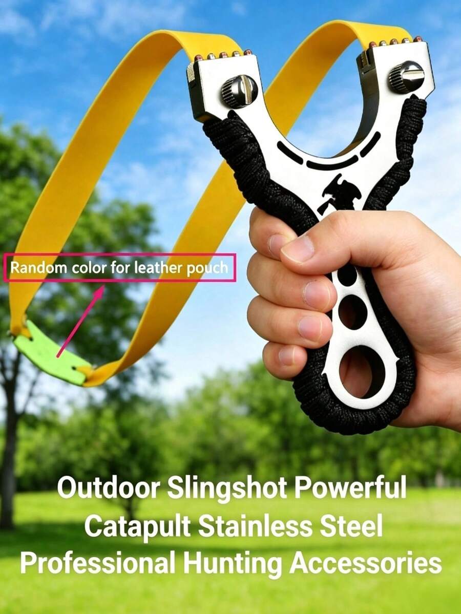 Stainless Steel Slingshot, Suitable For Outdoor Hunting And Target Practice, Heavy Duty Hunting Slingshot With Rubber Band, Rubber Band Color Random, Pouch Color, Shape And Size Random - A - View 1