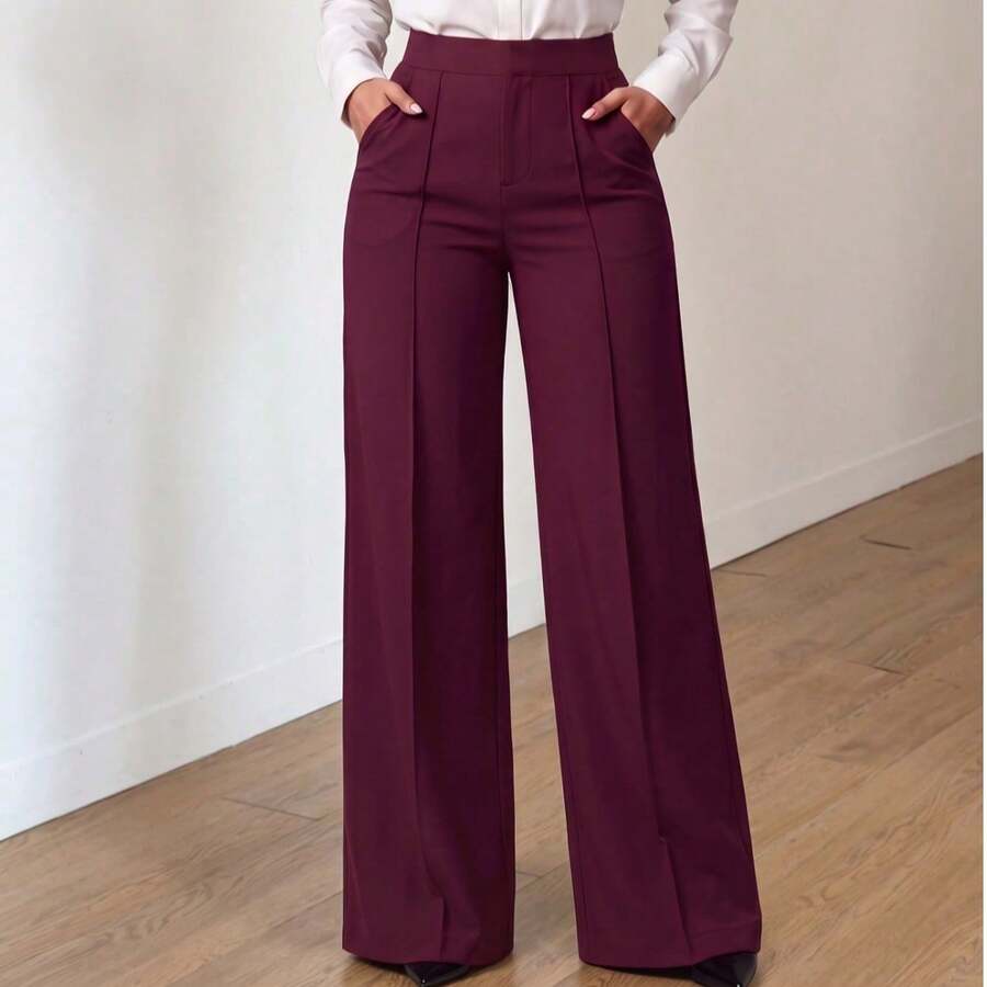 Plus Size Burgundy Multi-Purpose Commute Minimalist Solid Color Wide Leg Pants, Daily Wear - Burgundy - View 1