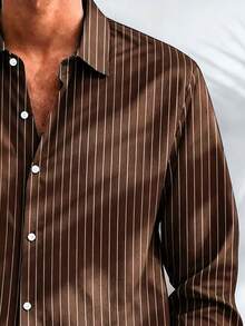 Vintage Striped Casual Commute 3D Digital Print Plus Size Lightweight Button Pocket Long Sleeve Shirt For Men - Brown - View 6