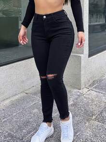 Celana Jeans Skinny Wanita Kasual Seksi dengan Model Rusak, Potongan Panjang dengan Desain Saku Kancing - Hitam - View 3