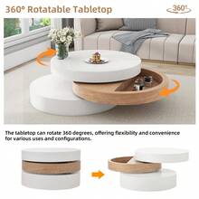 Three-Tier Cylindrical Coffee Table/Multi-Layered Color Scheme/Load Capacity: 30 Kg/Top And Bottom Panels Rotate 360°/Compact Size/Suitable For Living Room, Bedroom, Work Area/White + Natural Wood - White + Natural Wood - View 8