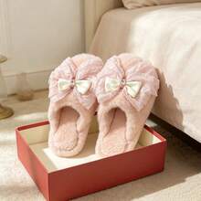 Lace Bow Fuzzy Slippers, Women Open‑Toe Plush House Slippers, Soft Cozy Indoor Flat Slides - Pink - View 1