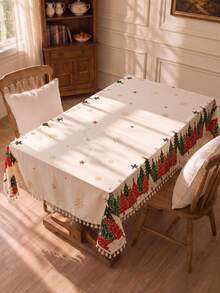 1pc Christmas Winter Minimalist Red & Green Christmas Tree Pattern Polyester Cotton Lace Tablecloth, Stain-Resistant With Tassel Fringe, Suitable For Square & Round Tables, Kitchen, Dining Table, Coffee Table, TV Cabinet, Entryway, Party Holiday Decor, Home Decor, Christmas Dinner - Multicolor - View 7