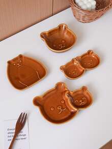 1pc Cute Bear Ceramic Condiment Dish, Multi-Compartment Breakfast Plate, Vintage Bear Double-Compartment Dish, Suitable For Home Decor Tableware, Breakfast Plate, Salad Plate, French Fries Plate, Dipping Sauce Dish, Flavor Dish, Gift, Holiday Decoration - Multicolor - View 7