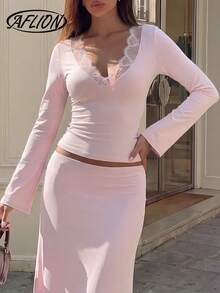 Aflion Women Summer Fall Light Pink Lace Deep V Neck Flare Long Sleeve Slim Fitted Crop Top Casual Daily Basic Tee - Pink - View 6