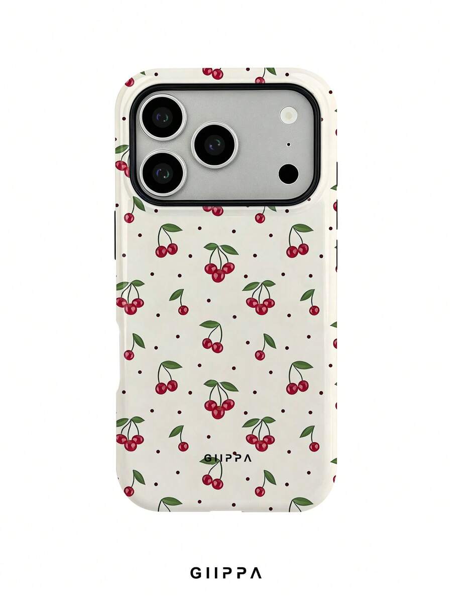 GIIPPA 1pc Apricot Base With Cherry Pattern Design, Phone 17 Pro Max Phone Case, Compatible With Phone 16 Pro Max, 15 Pro Max, 14 Pro Max, Korean-Style High-End Fashionable And Fun Phone Case, Suitable For 11/12/13/14/15/16 Pro Max Plus, Elegant Design For Men And Women, Perfect Gift For Girlfriend On Christmas, Valentine's Day, Easter, Wedding Season And Birthday! - Multicolor - View 1