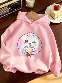 Girls' Autumn Pullover Sweatshirt, Cute Rainbow Bubble Tea Cartoon Front Print, Loose Long Sleeve Casual Top - Pink - View 1