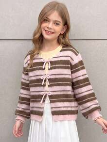 Tween Girls Striped Knit Sweater, Cute Bow Front Long Sleeve Pullover, Soft Comfortable Casual Top, Suitable For Autumn/Winter Campus Wear - Pink - View 2