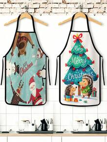 2Pcs/1pc Christmas Kitchen Aprons, Cute Santa Reindeer Snowman & Hedgehog Christmas Tree Print Adjustable Bib Apron, Waterproof Cooking Baking Apron For Xmas Holiday Party Decor Christmas Gift - Multicolor - View 4