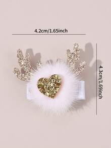 2Pcs Christmas Reindeer Antler Hair Clips Hair Clips For Girls Flower Girl Heart Pom Pom Decor Wrapped Alligator Clips Party Hair Accessories For Kids - Multicolor - View 6