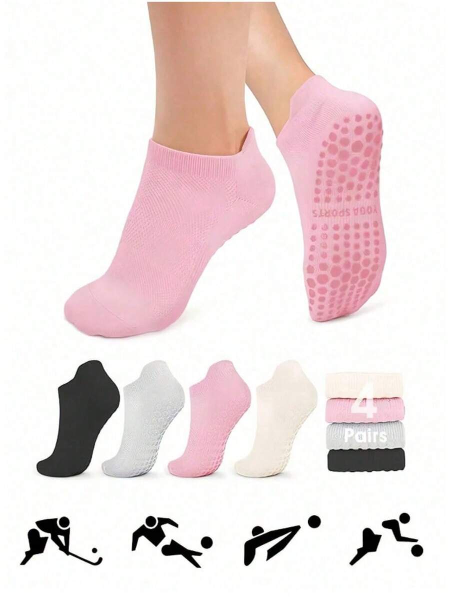 4 Pairs Multi-Color Non-Slip Yoga Socks, Suitable For Pilates, Ballet, Dance, Barefoot Workout, Toe-Less Non-Slip Socks, Elastic Sports Socks, Pilates Socks - Multicolor - View 1