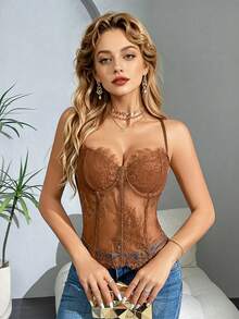 EZNV Korset Bustier Renda Transparan Seksi dengan Tulang Penyangga, Kancing Depan, Tali Bahu Tipis, Pakaian Dalam/Luar untuk Wanita - Coklat - View 6