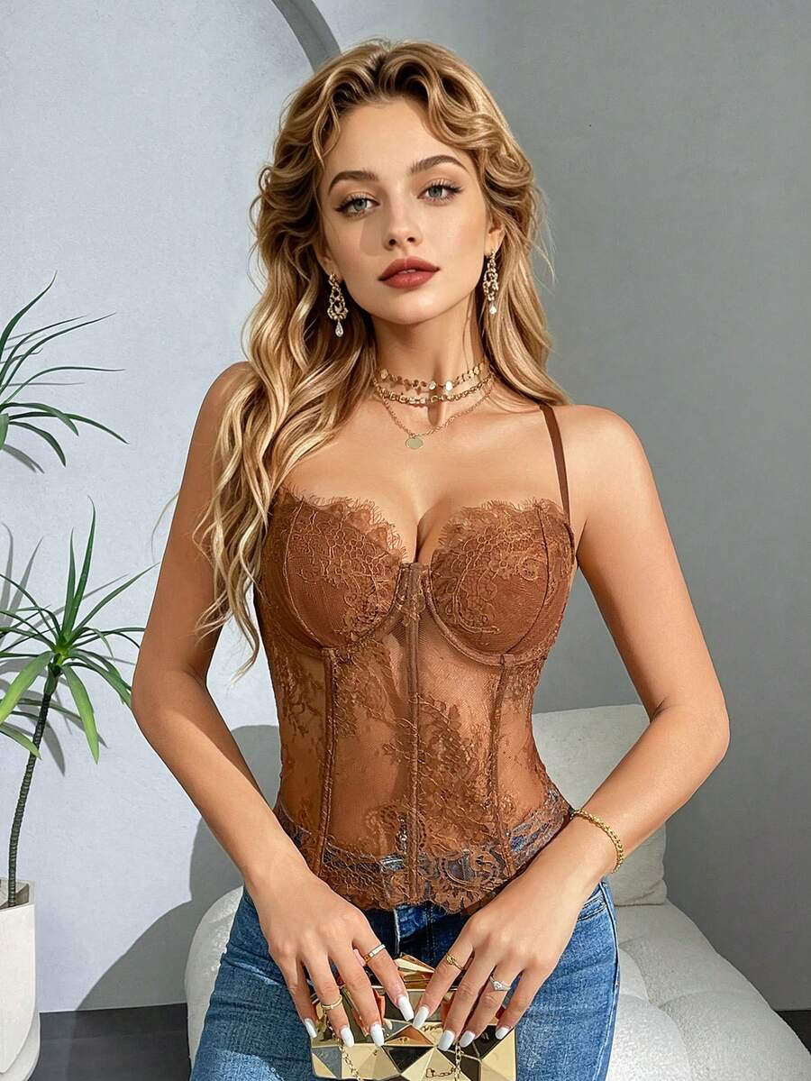 EZNV Sexy Sheer Lace Bustier Corset With Boning, Button Front, Spaghetti Straps, Innerwear/Outerwear For Women