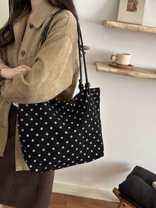 Corduroy White Polka Dot Shoulder Tote Bag - Black - View 6